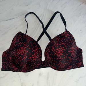 Victoria's secret black red hearts print bra 38B underwire push up criss cross